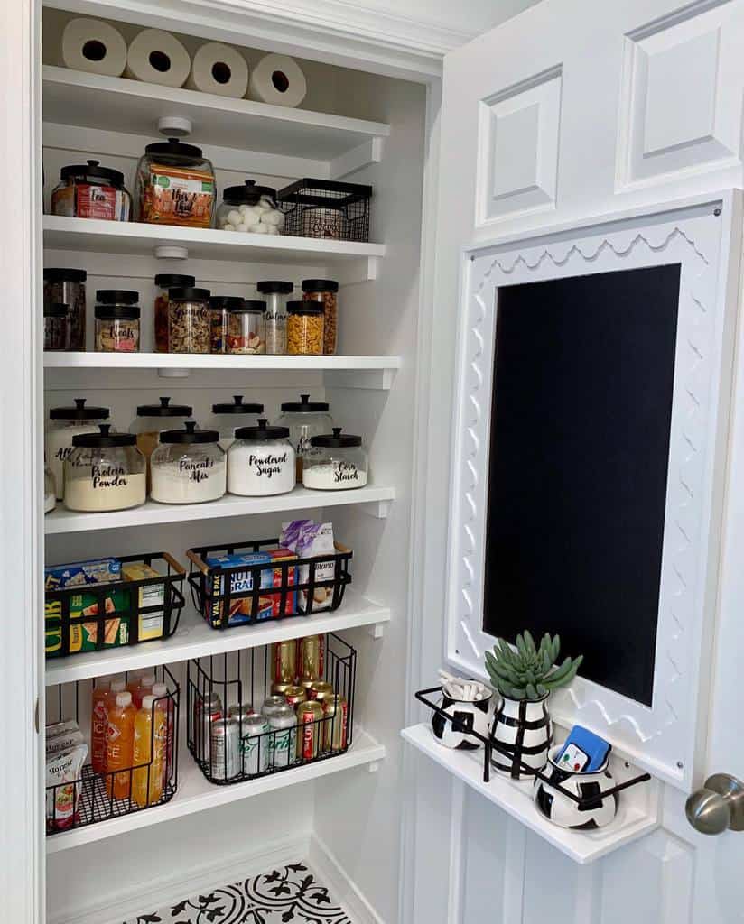 small corner pantry with basket storage and shelving