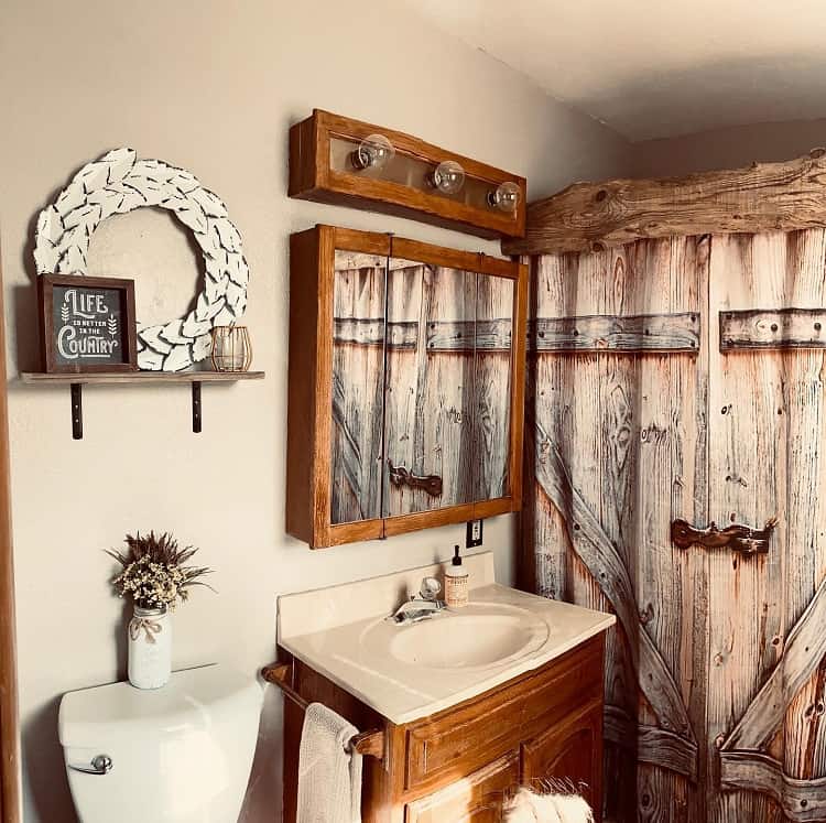 rustic bathroom with wood accents 