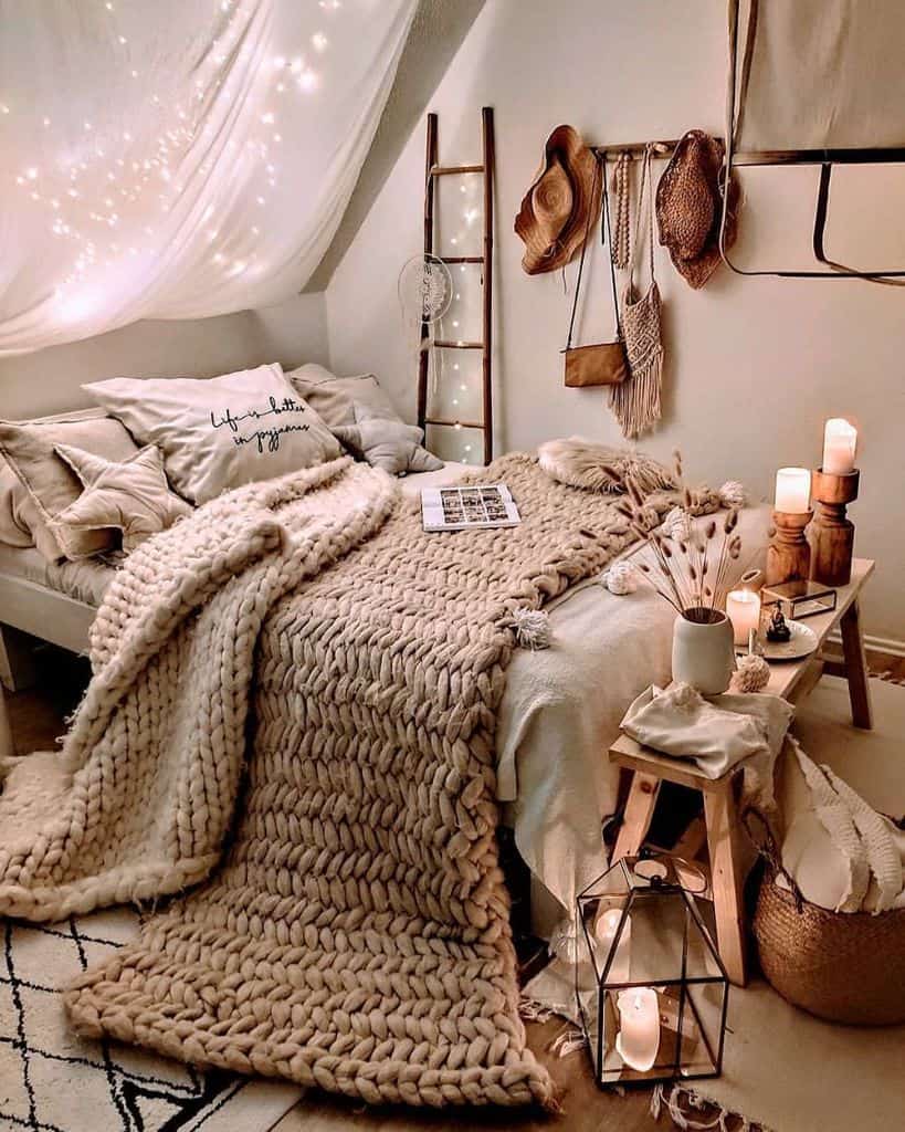 cozy boho bedroom fairy lights ladder art throw rug