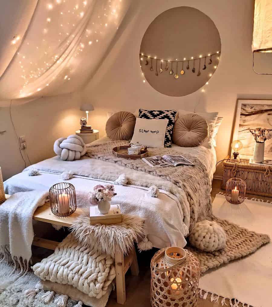 cozy boho bedroom fairy lights cushions candles 