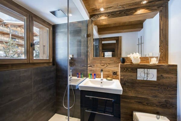 contemporary small master bathroom with wood accents 