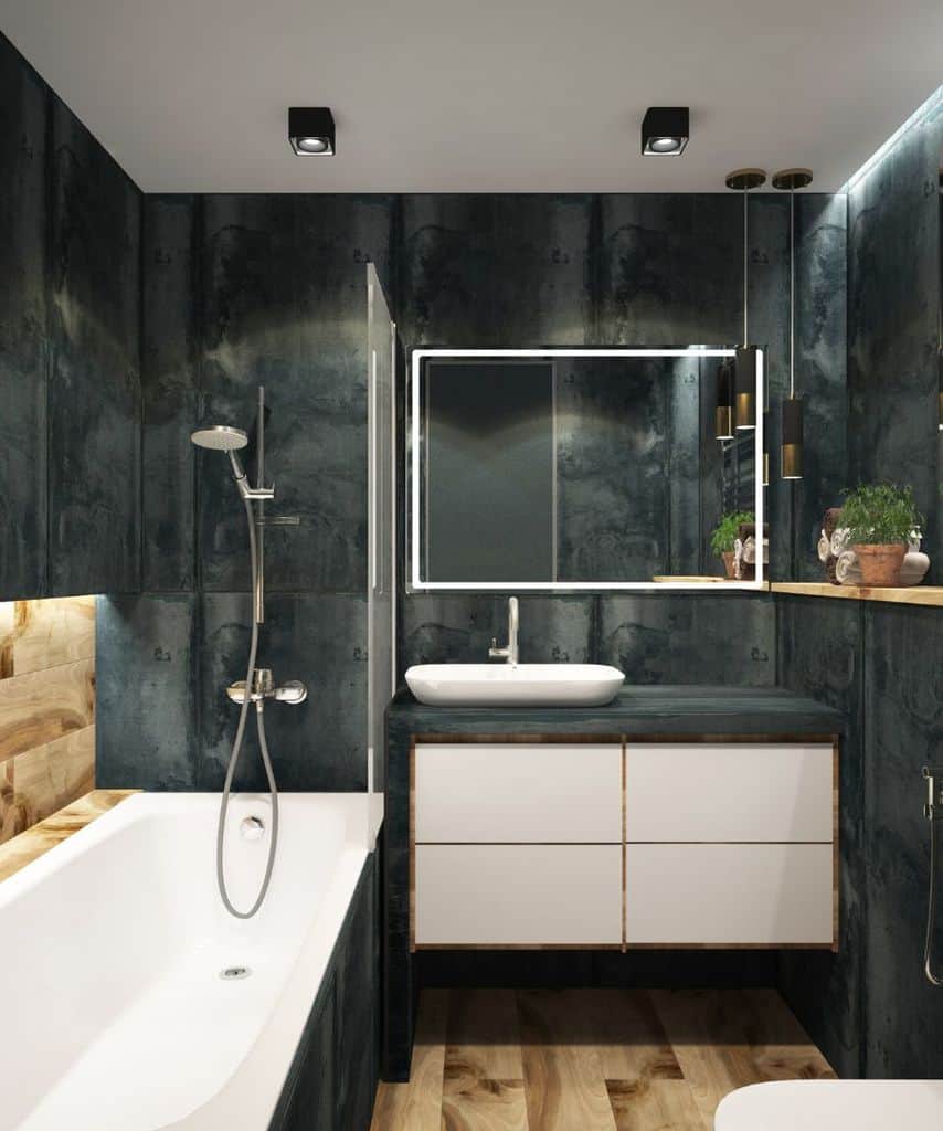 luxury small bathroom black tiles white tub