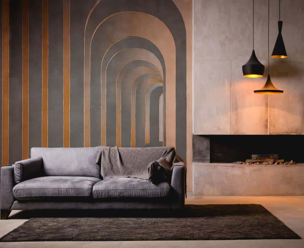 modern living room electric cement fireplace pendant lights gray sofa abstract wall art brown floor rug
