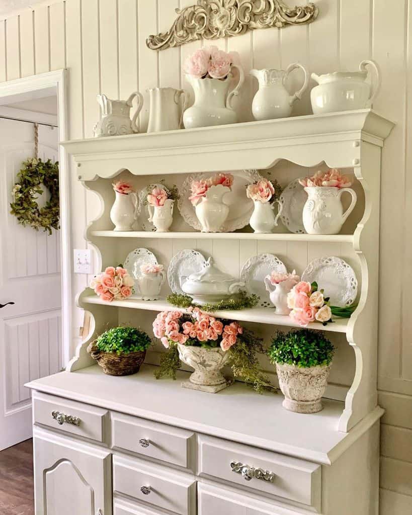 white cabinet cutlery pink flowers 