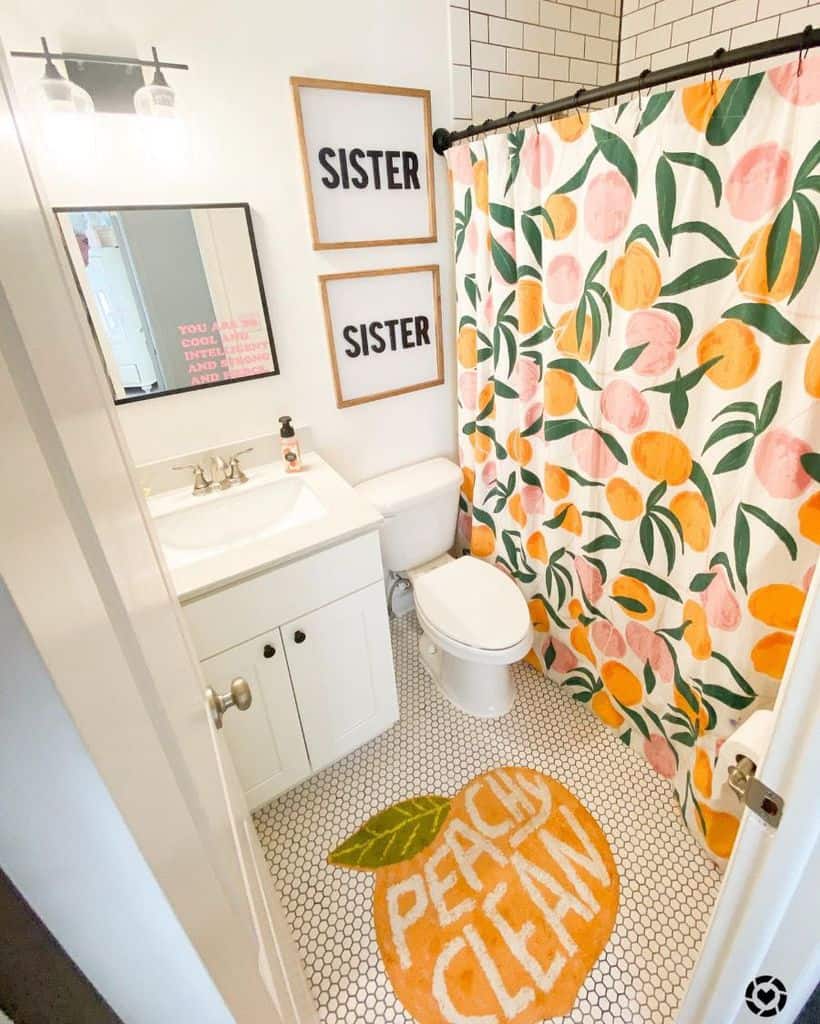small bathroom fruit shower curtain sister wall art peachy clean floor mat