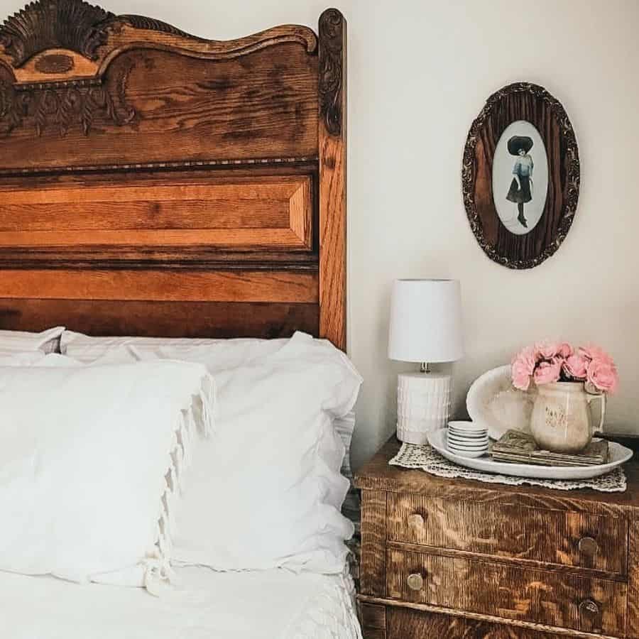 vintage wood bed master bedroom 