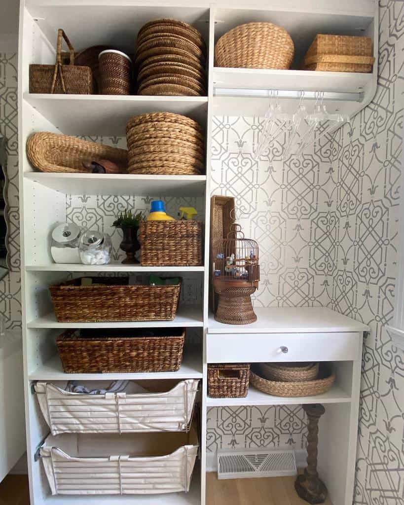 wall shelves with wicker baskets 