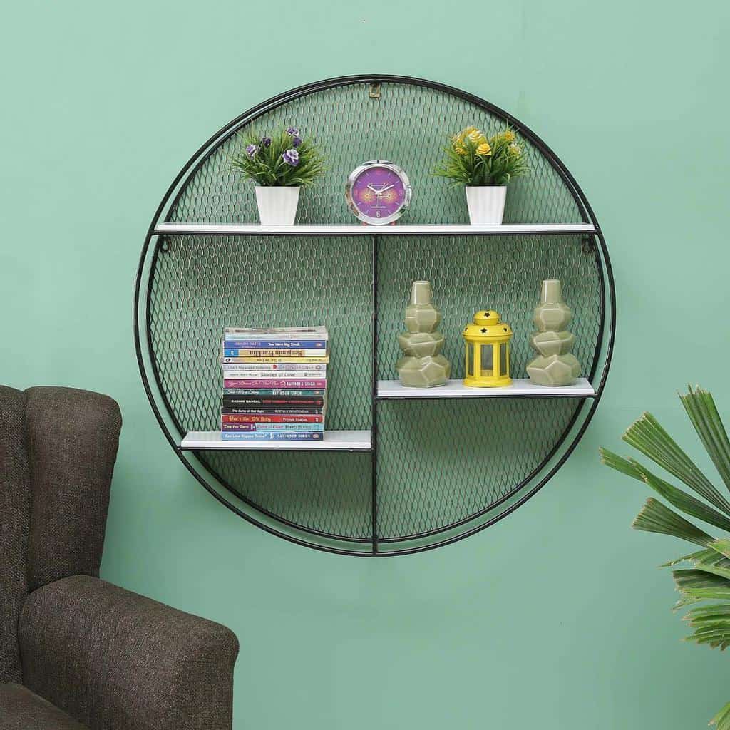 circular wire wall shelf green accent wall