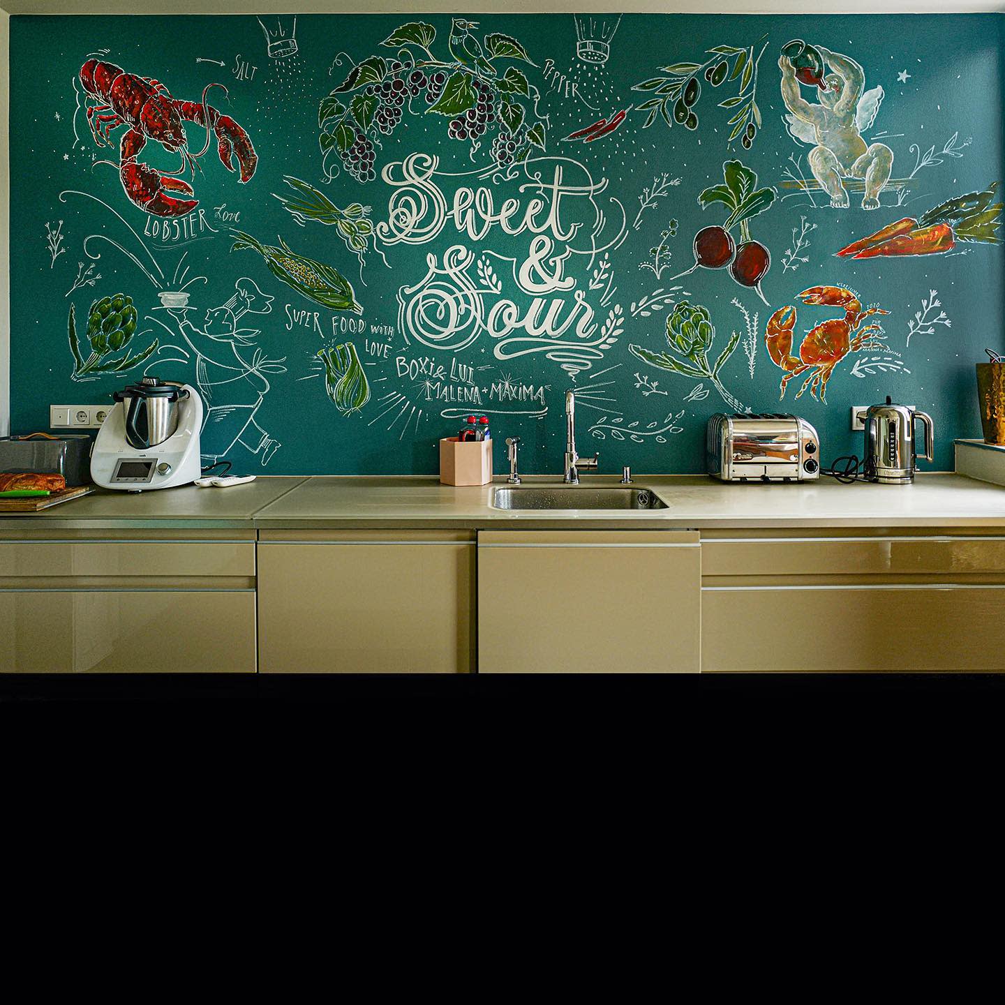 sweet & sour slogan kitchen wall with food 
