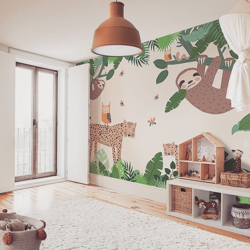 painted forest scene with animals kids bedroom 