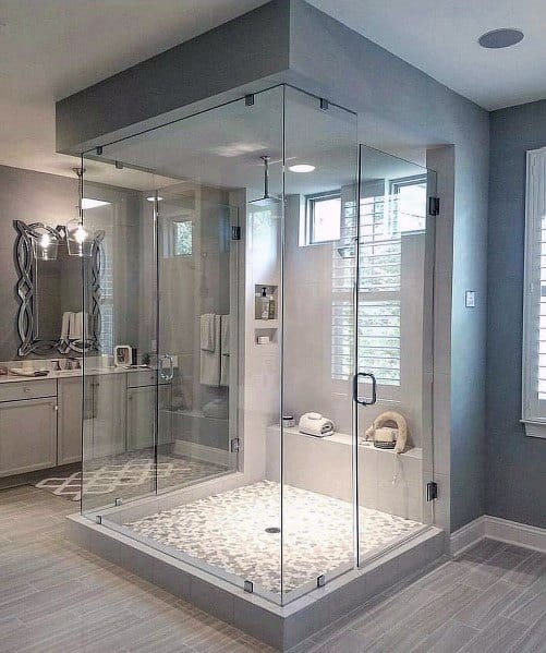 stylish modern shower in gray master bathroom
