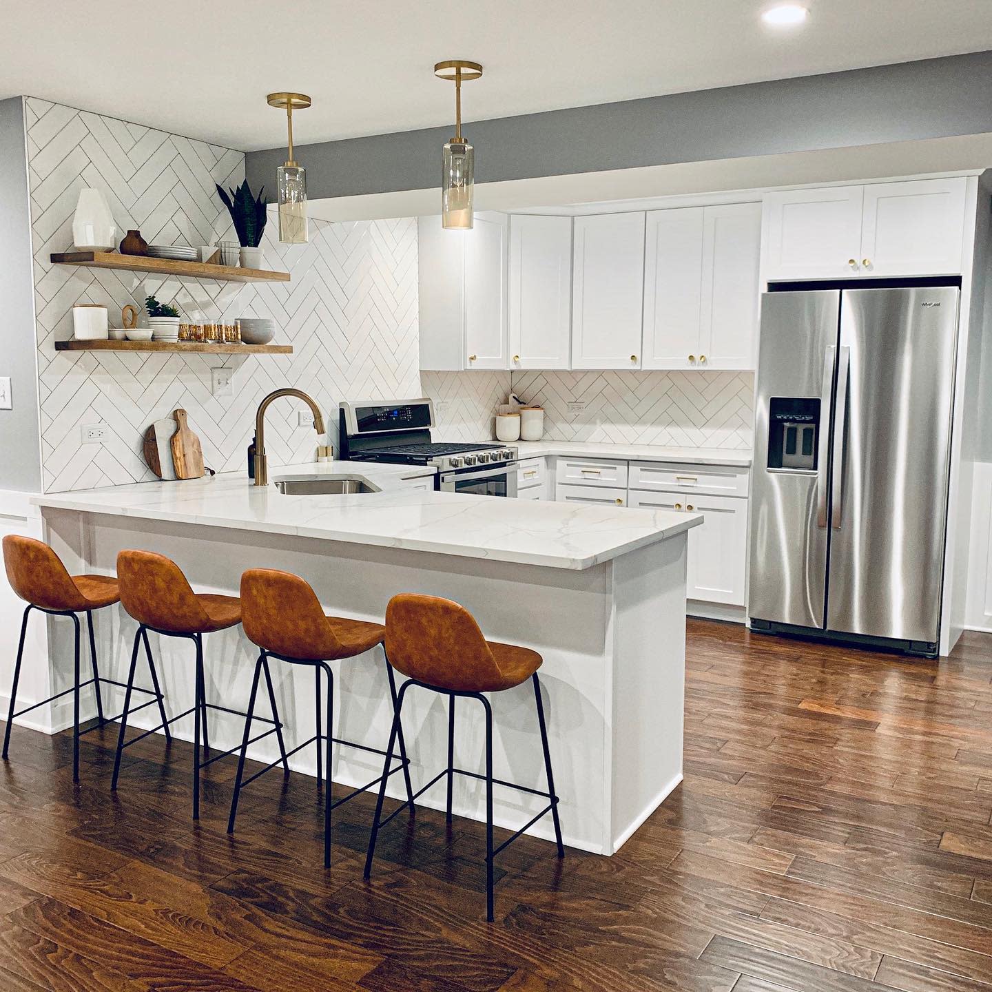 modern white kitchen with floorboards