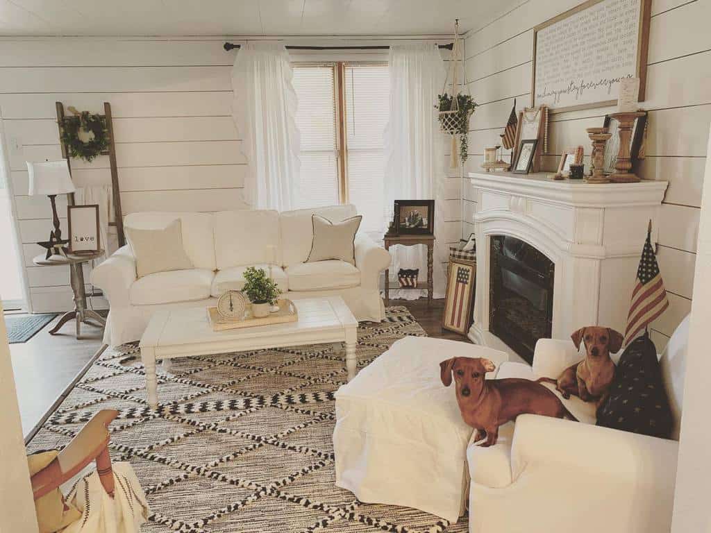 rustic living room white fireplace shiplap walls sofa coffee table american flags dogs