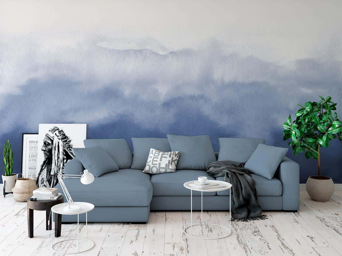 blue sky wallpaper with blue sofa and white tables