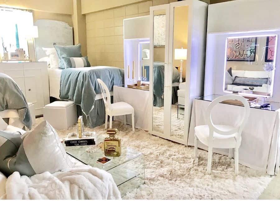 luxury dorm room mirrors vanity white chairs glass coffee table 