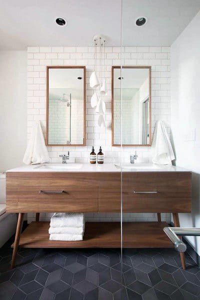 luxury modern bathroom double mirror wood accents