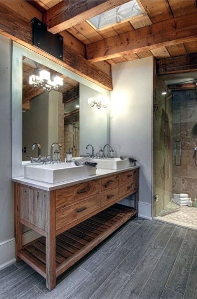 double sink rustic bathroom wood celing