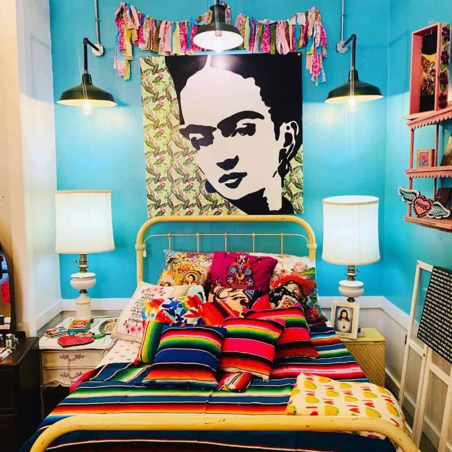 colorful eclectic gypsy boho bedroom frida kahlo painting blue feature wall