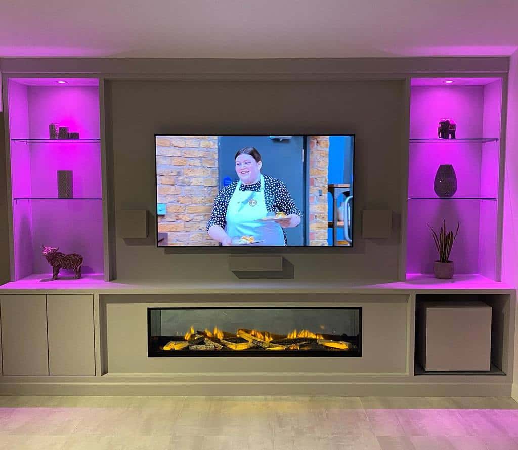 electric fireplace wall mounted tv recessed wall shelves with purple led lighting 