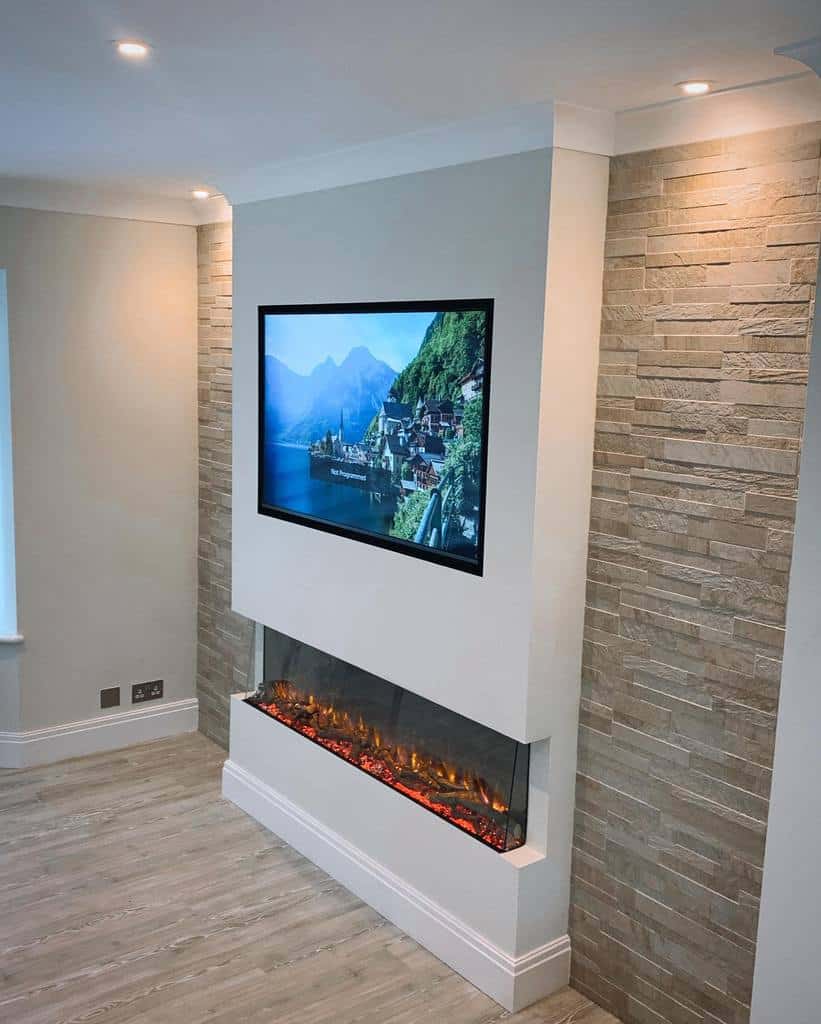 white wall electric fireplace stone wall built-in tv 