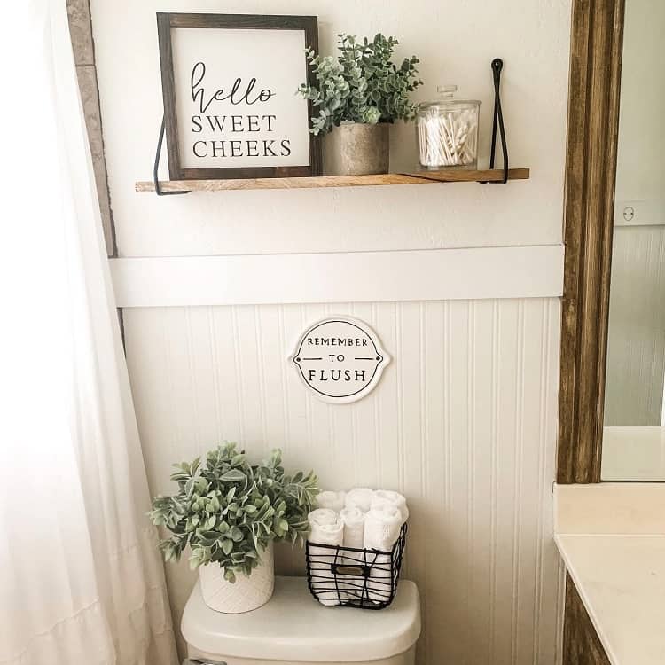 modern toilet with fake plants and wooden shelf
