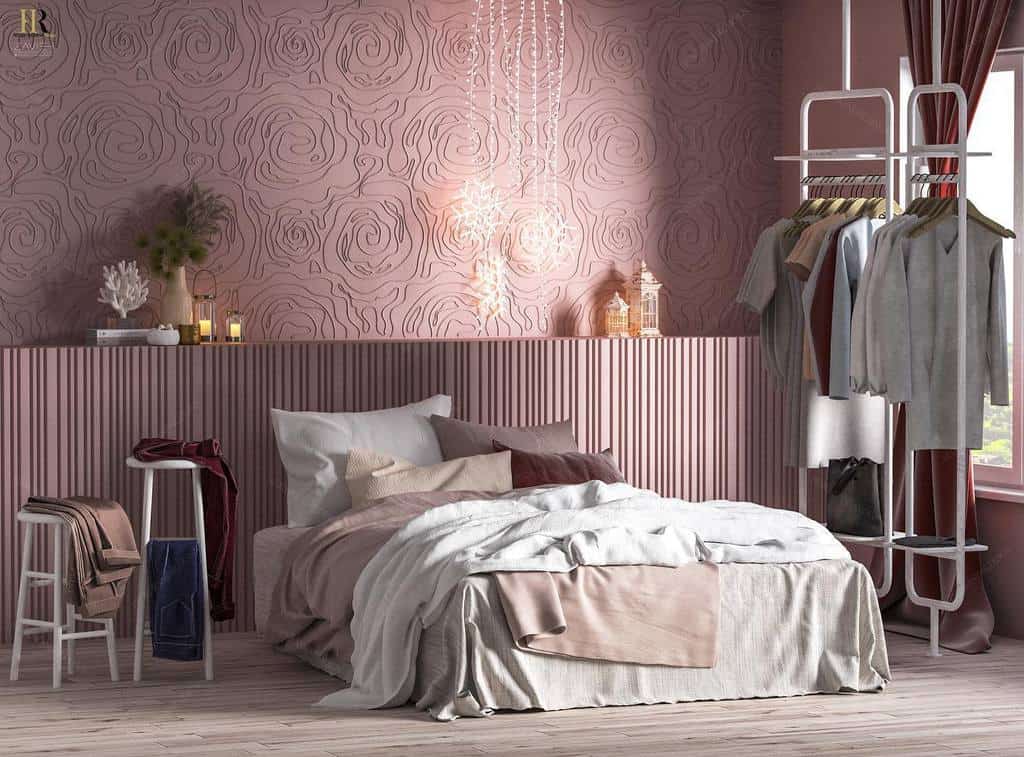 textured pink wall clothes hanger platform bed