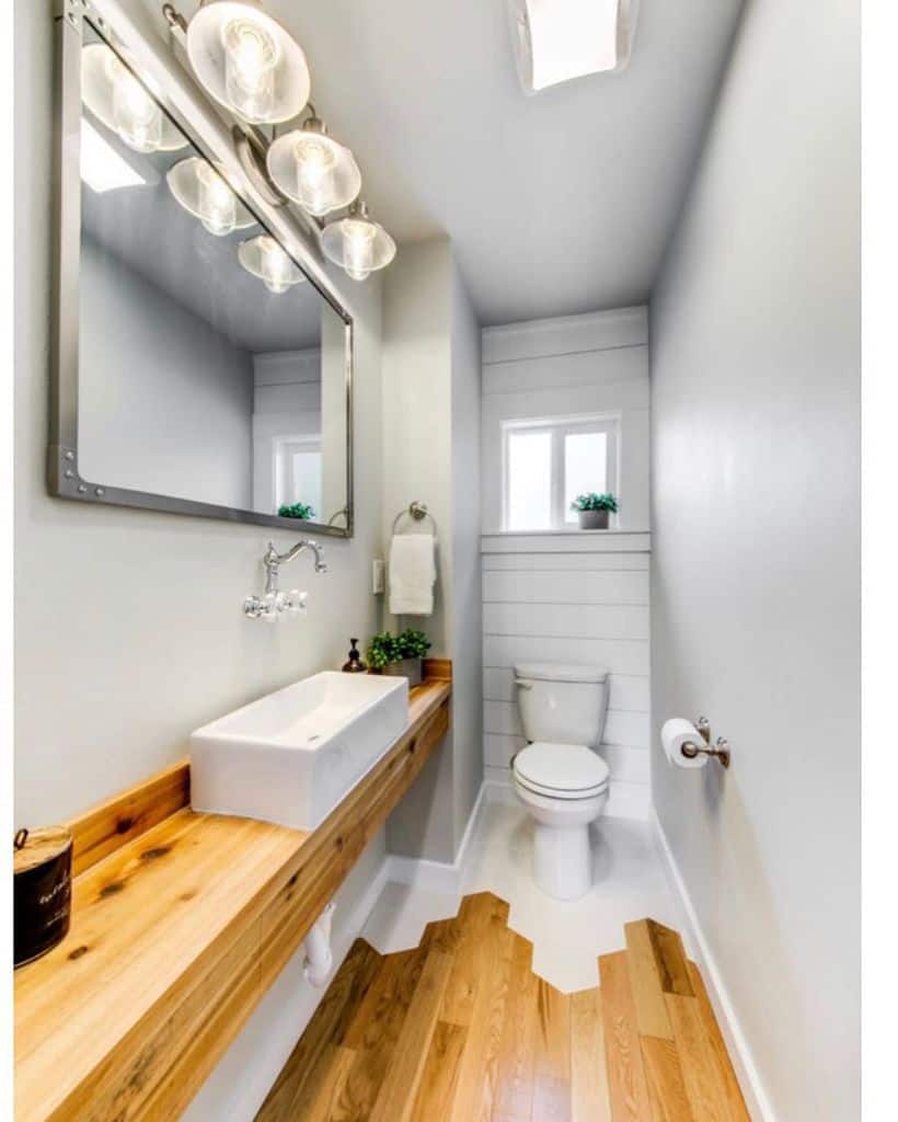 white bathroom wood bench large mirror