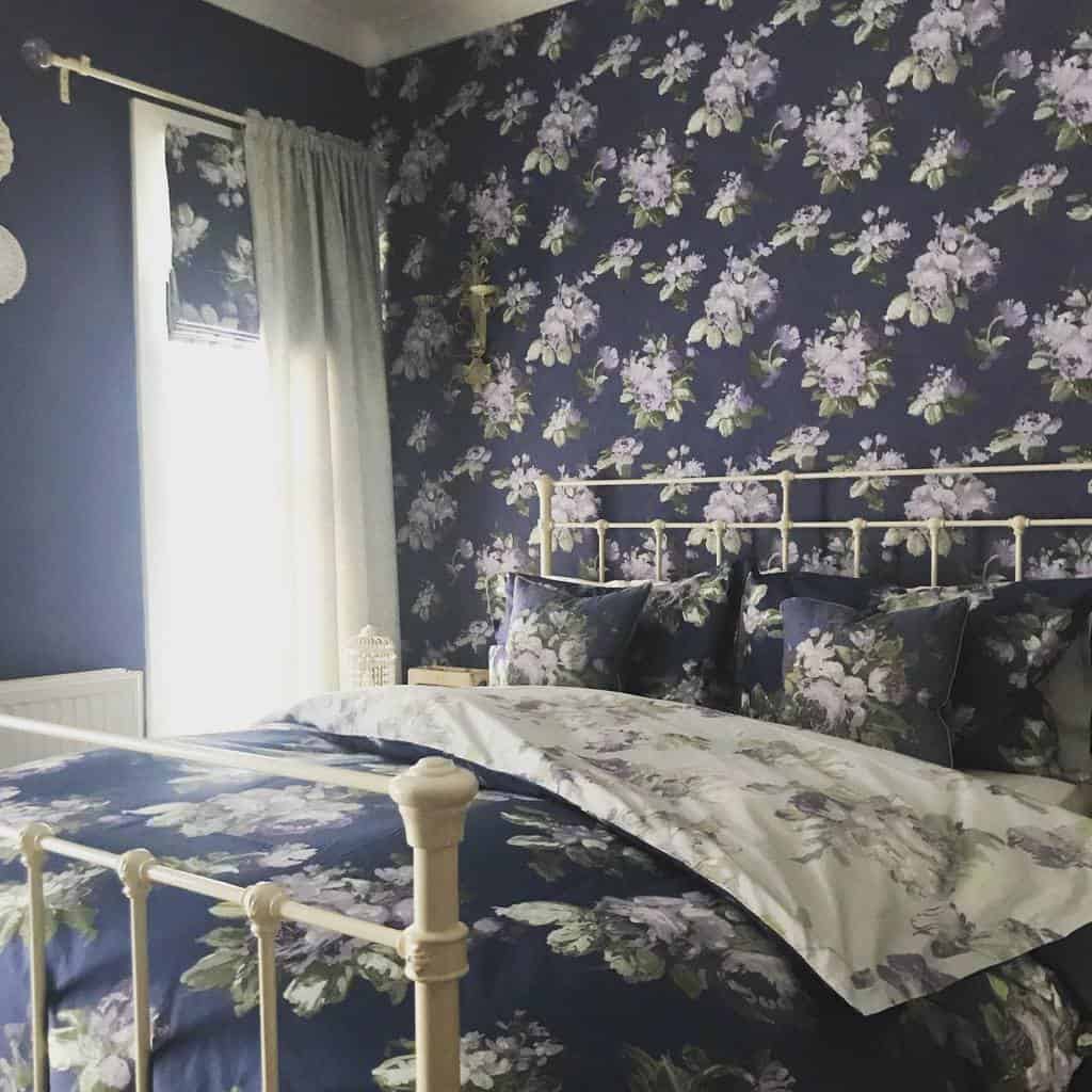 floral bedroom wallpaper white bed