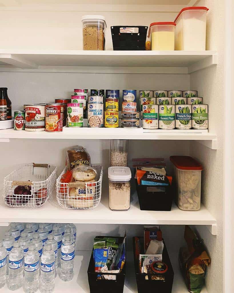 white shelves in kitchen pantry food storage organization