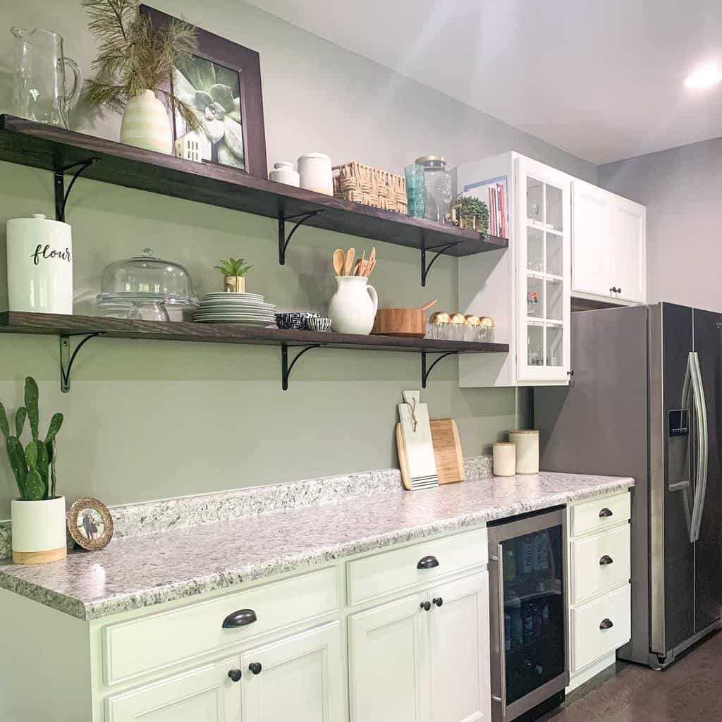 green cabinet kitchen long wood wall shelves 