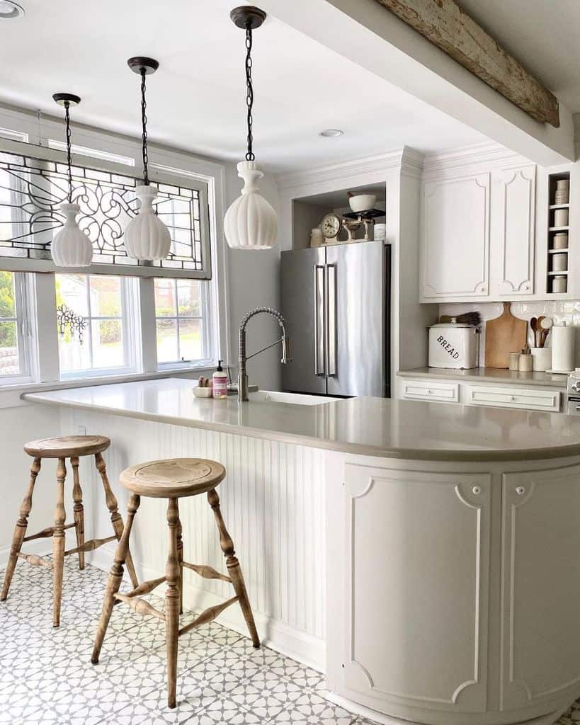 country kitchen pendant lights curved island white cabinets wood stools