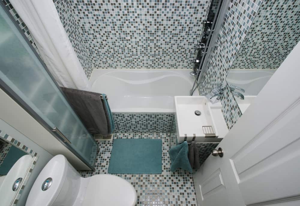 mosaic tile small master bathroom with tub and shower combo