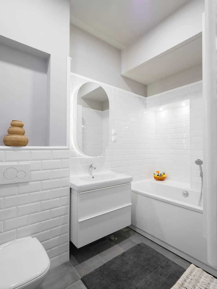 minimalist white small master bathroom 