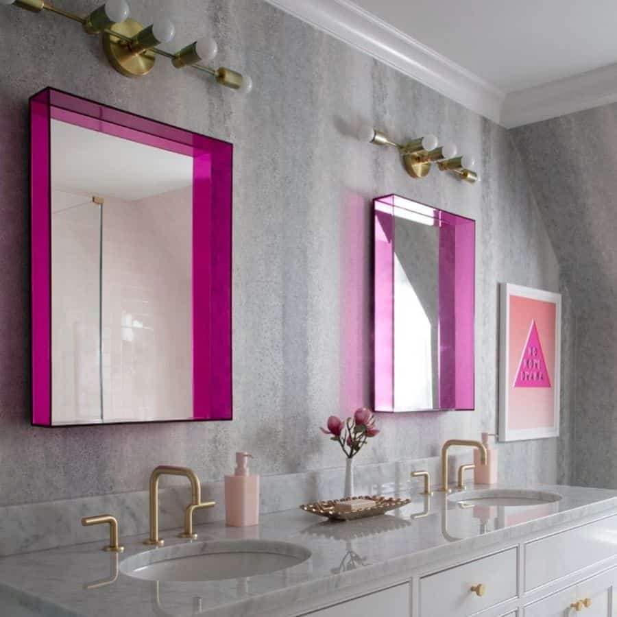 girls bathroom neon mirrors white dual vanity gold accents 