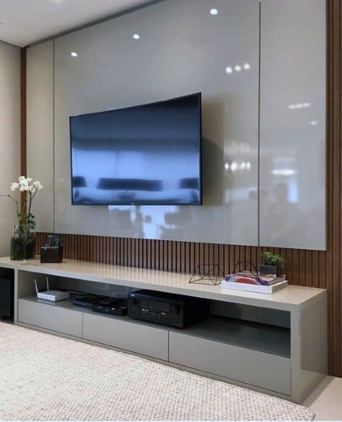Glossy Grey Board With Wood Slats Tv Wall Ideas Inspiration