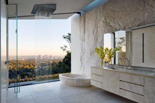 modern bathroom with open shower and city view