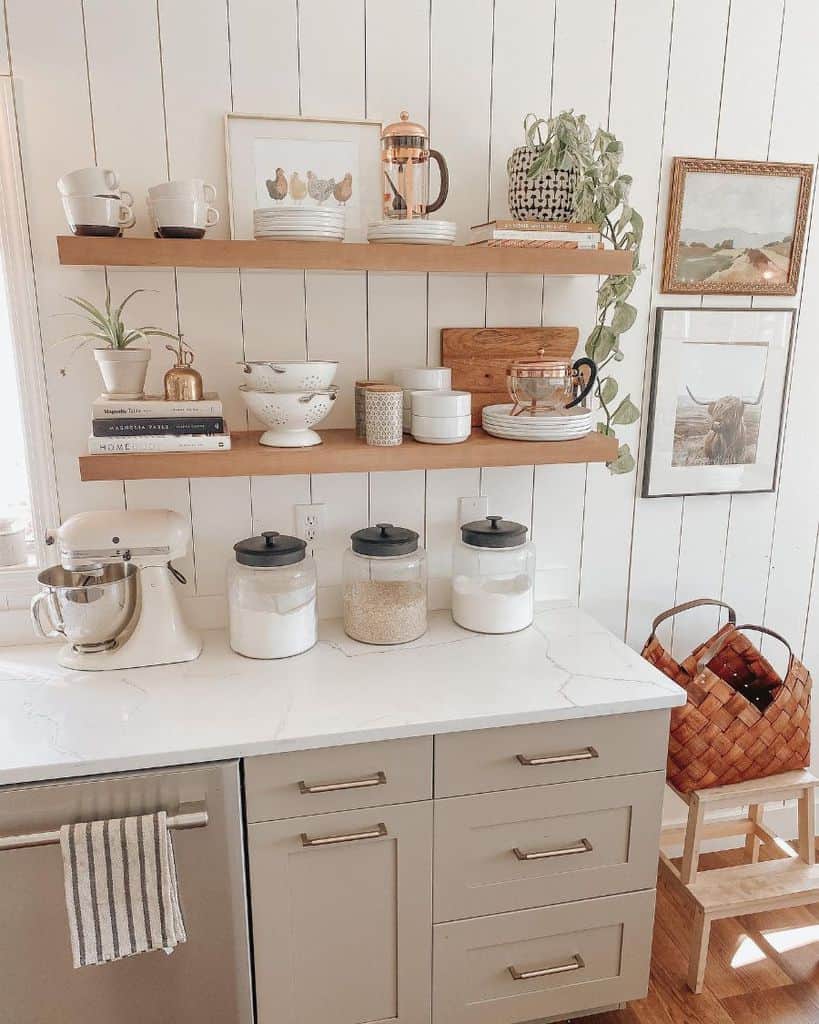 white shiplap kitchen walls brown shelf and marble countertop 