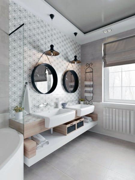 modern bathroom gray slate floor tiles dual vanities 