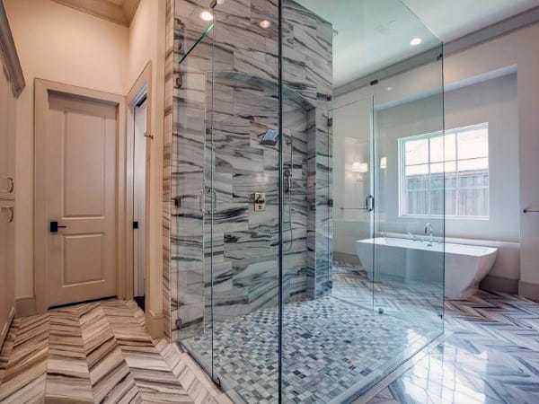 marble shower wood cabinet