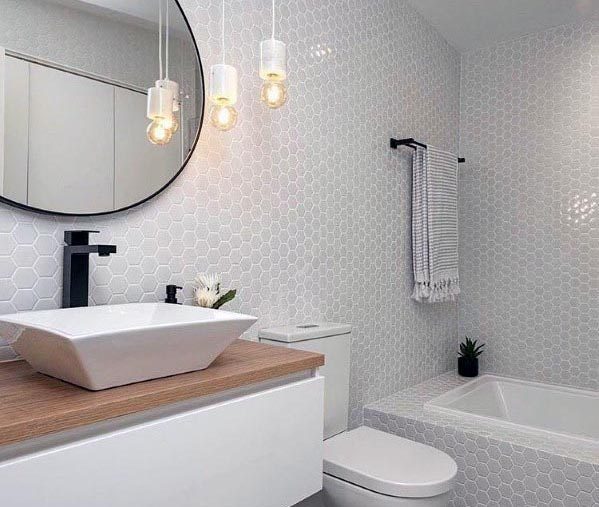 luxury grey mosaic tile small master bathroom with pendant lights