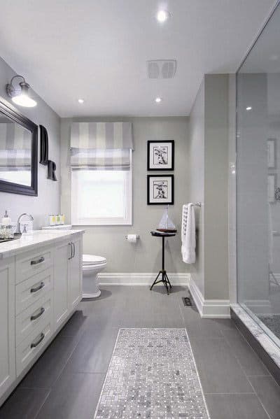 modern gray bathroom tile floor white vanity 