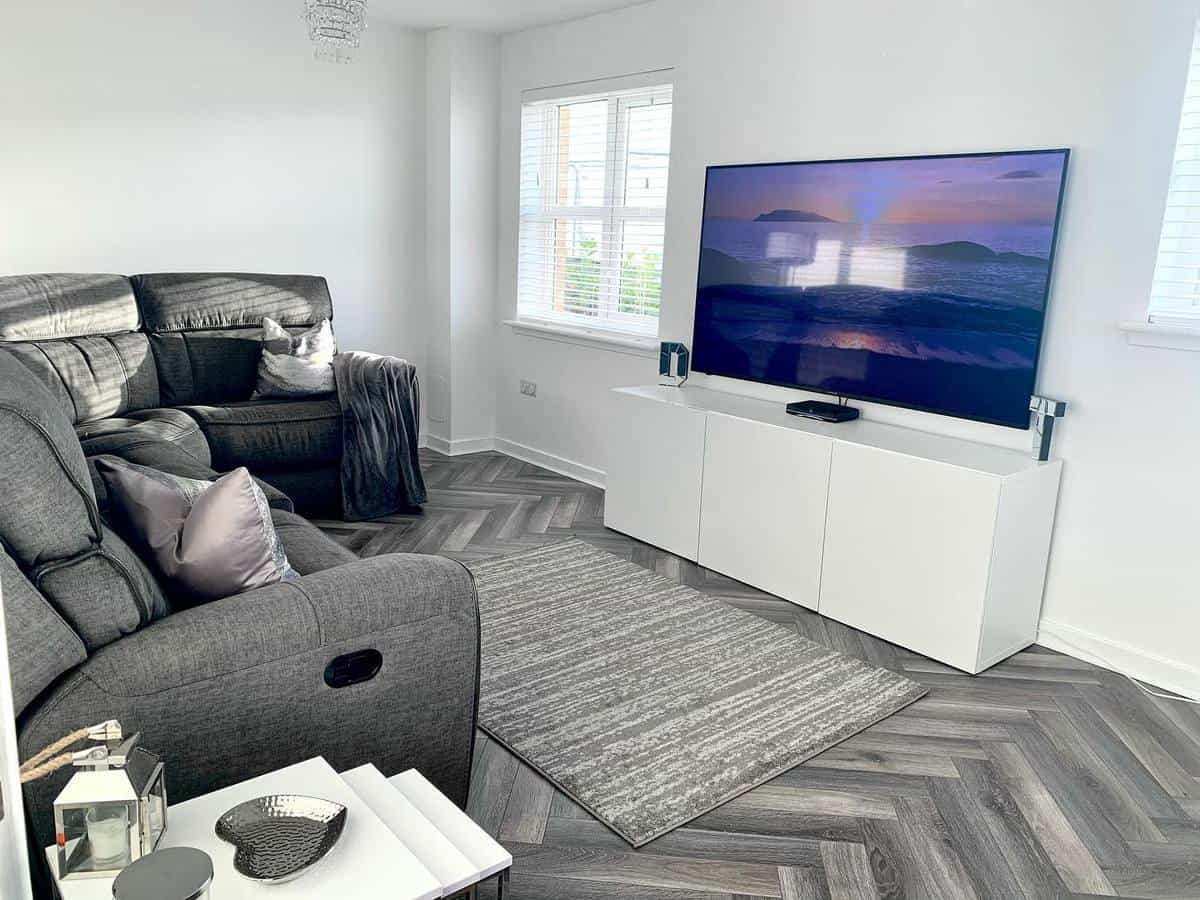 small living room gray sofa wall mounted tv