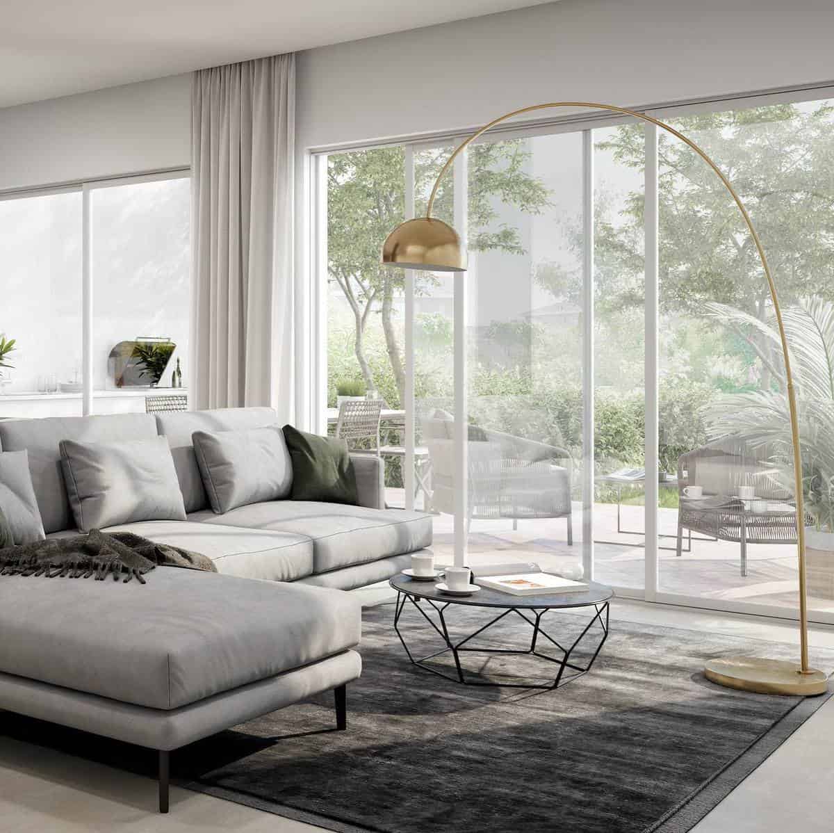 luxury modern living room gray sofa gold floor lamp