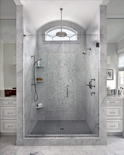 gray tile shower in modern master bathroom 
