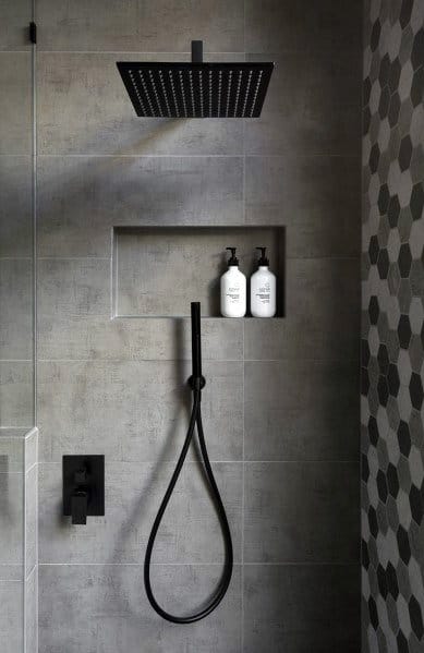 modern gray shower with recessed shelf 