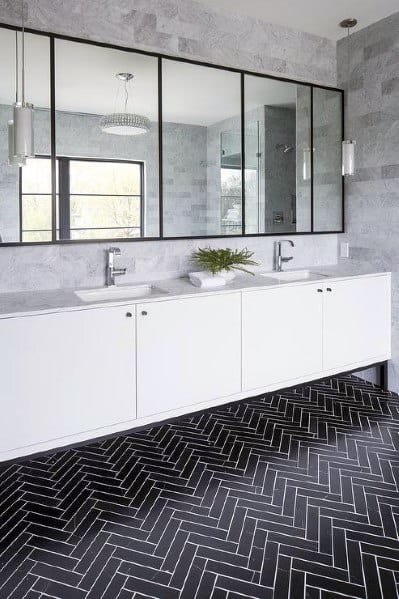 dark floor tiles long white vanity