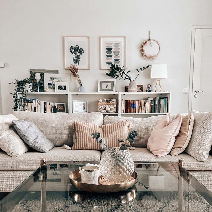 boho living room gray sofa glass coffee table bookshelf 