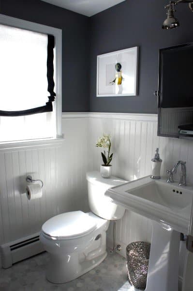 country style bathroom dual black and white shiplap wall 