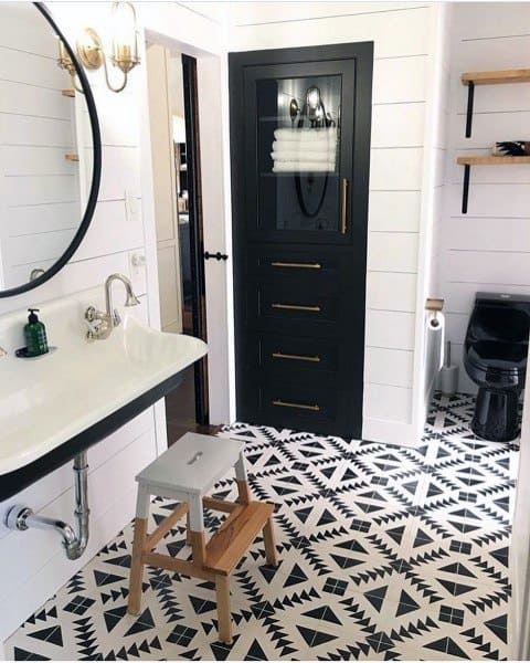 white and black bathroom floor tile design black cabinet white shiplap walls 