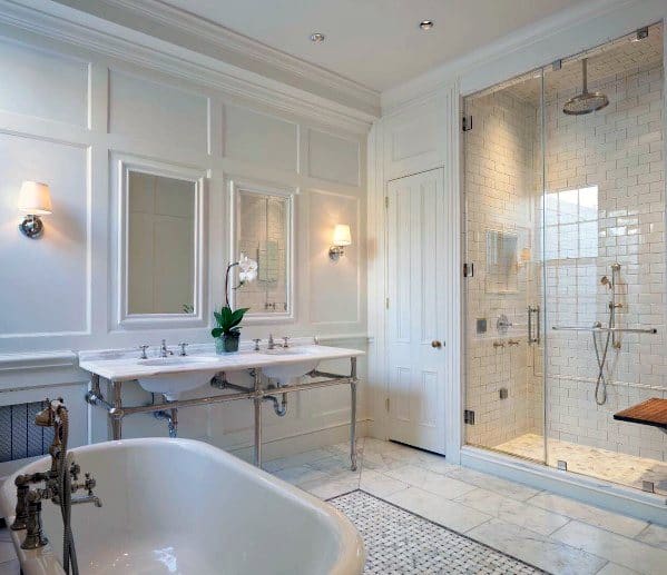 large white bathroom with walk-in shower and tub